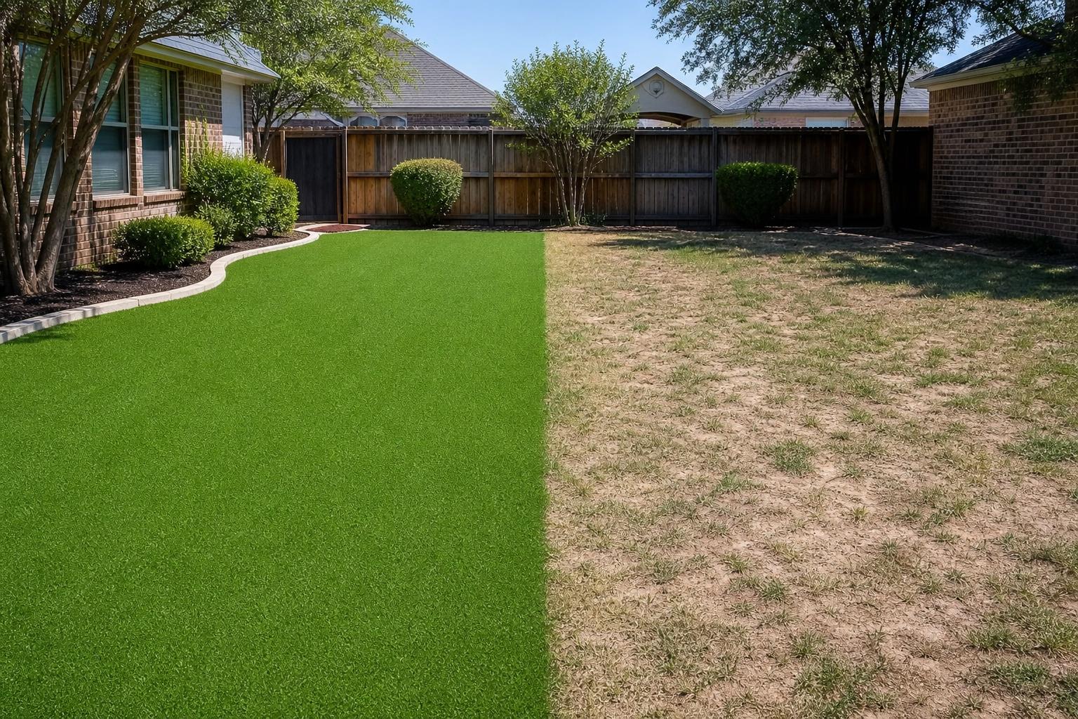 Side by side comparison of artificial turf and dry natural grass in a Plano backyard
