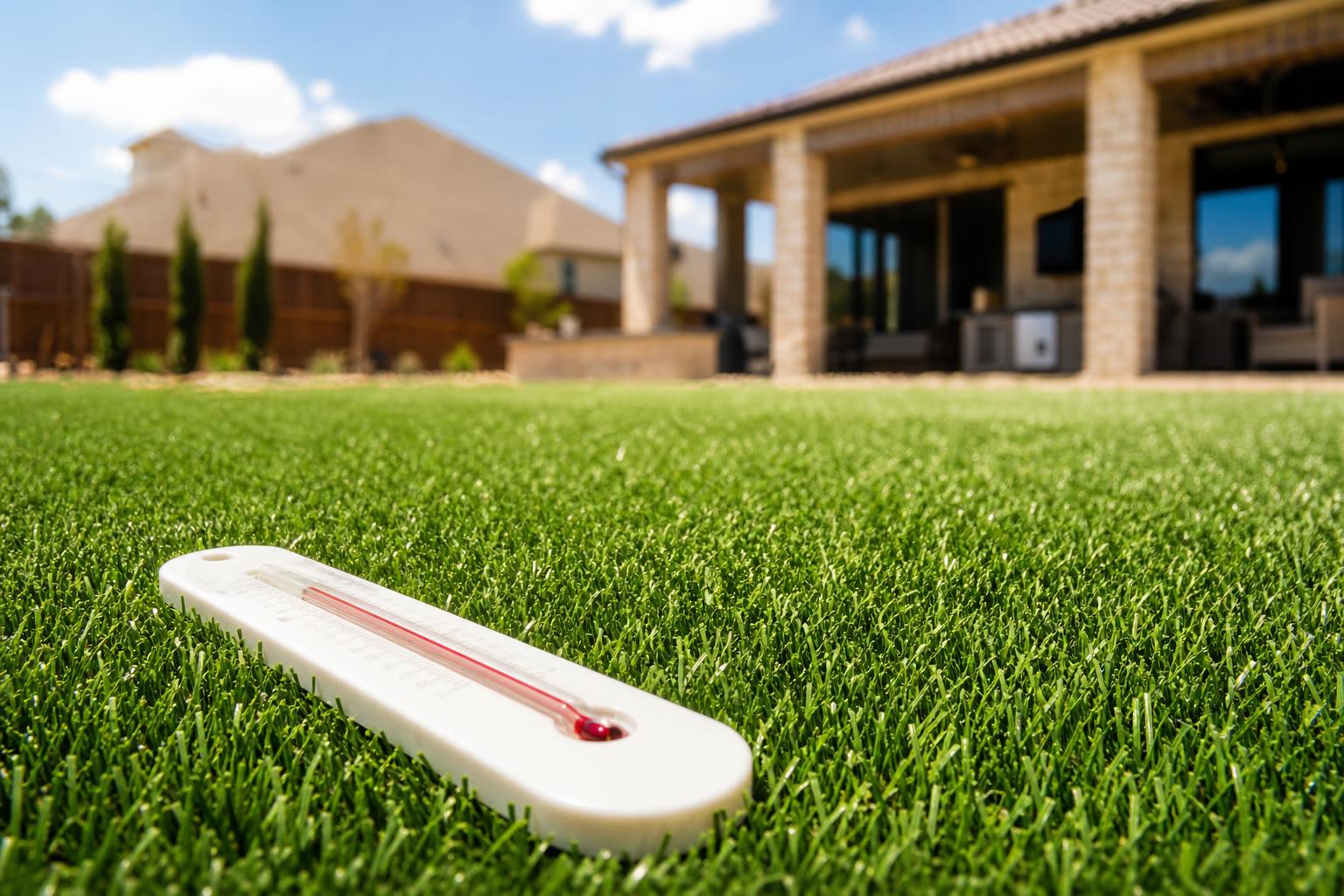 Thermometer resting on artificial turf in a Plano TX backyard during summer