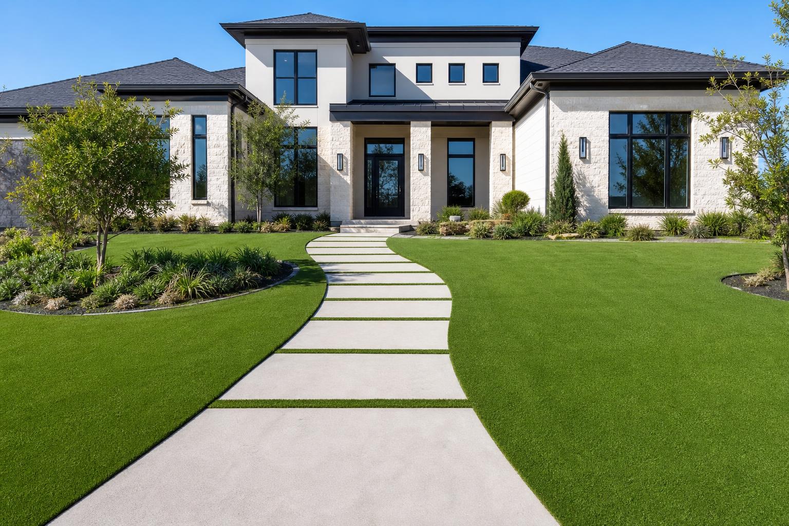 Modern Legacy West Plano TX home with artificial turf front lawn and stone path