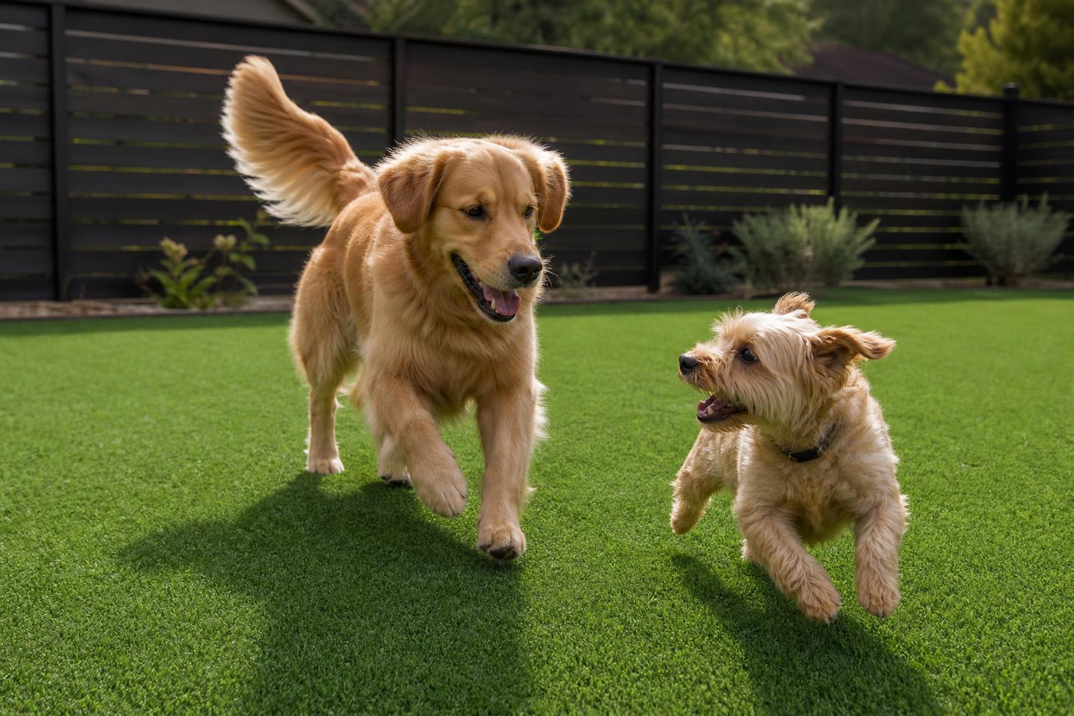 Two dogs running on bright green pet turf in a Plano backyard