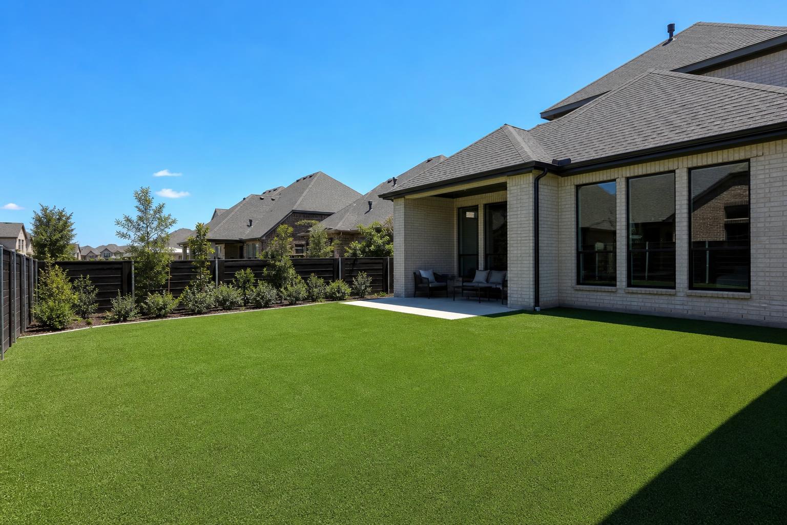 Deerfield Plano TX backyard with freshly installed artificial turf and modern fence