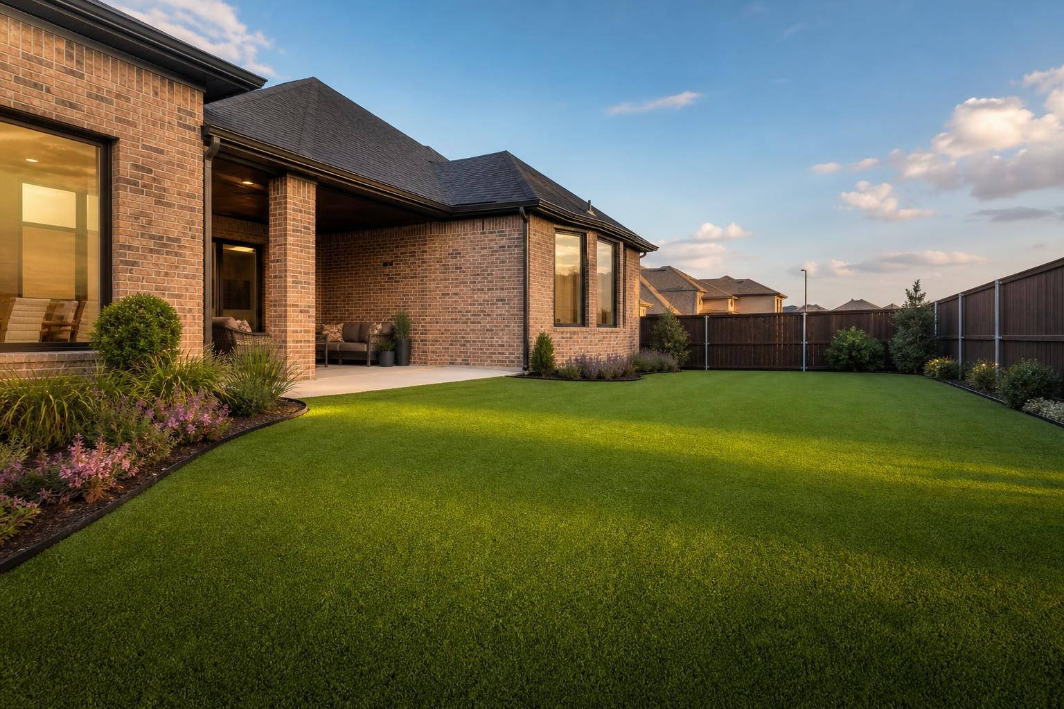 Freshly installed artificial turf lawn at a Plano TX home with brick exterior and golden hour lighting
